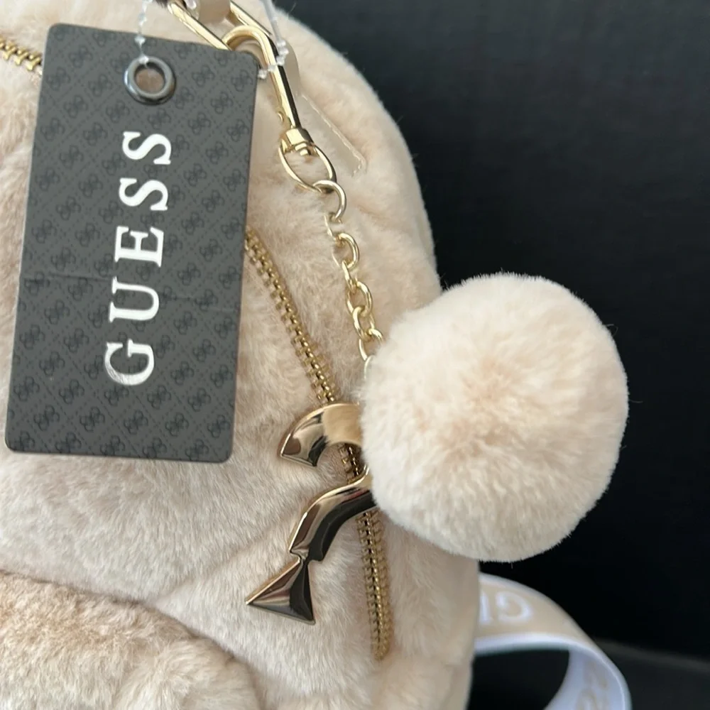 New Guess Cream Plush Mini Backpack with Faux Fur